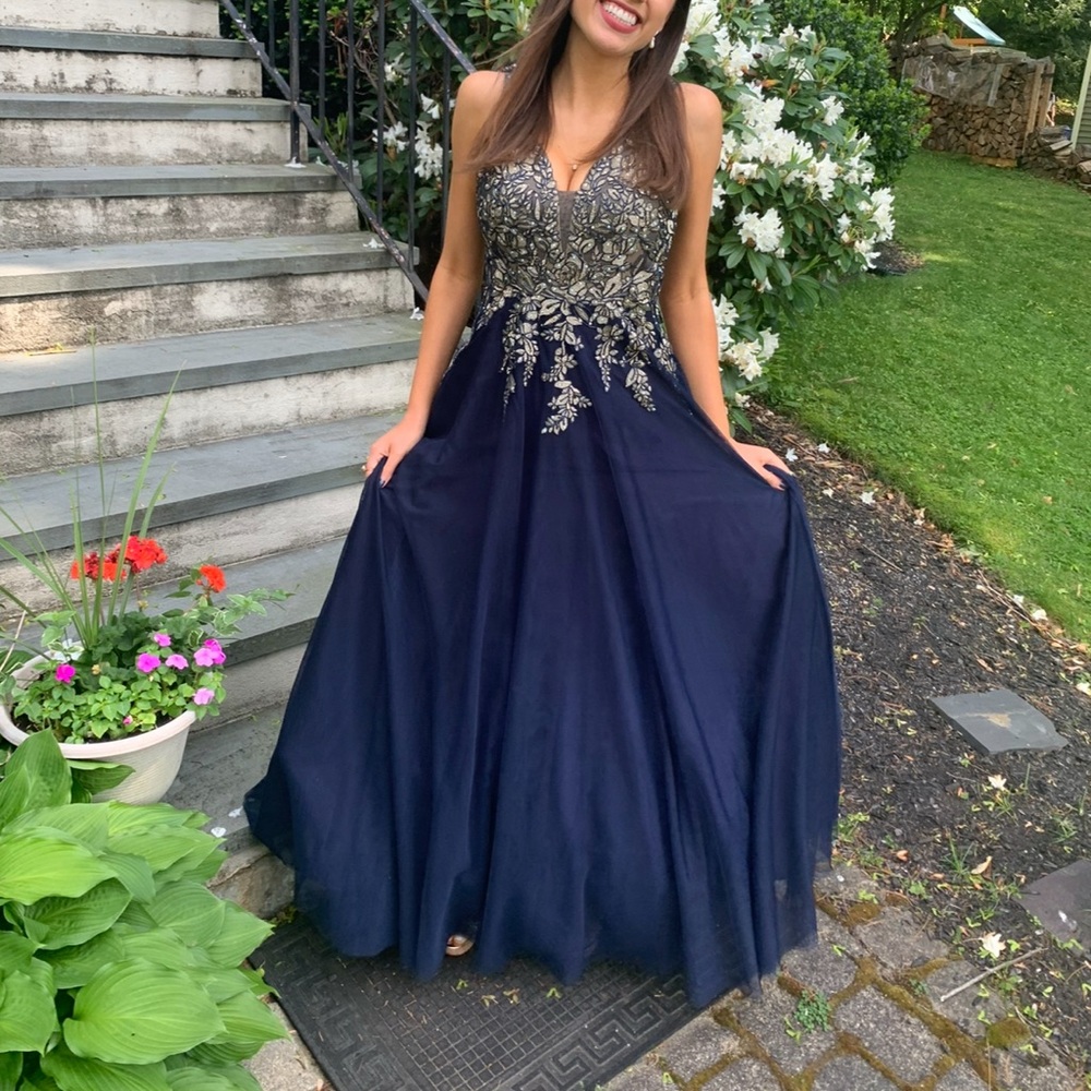 Dresses | Xscape Navy Blue And Gold Embroidered Bodice Alinegown Prom Dress | Poshmark Dresses | Xscape Navy Blue And Gold Embroidered Bodice Alinegown Prom Dress | Poshmark